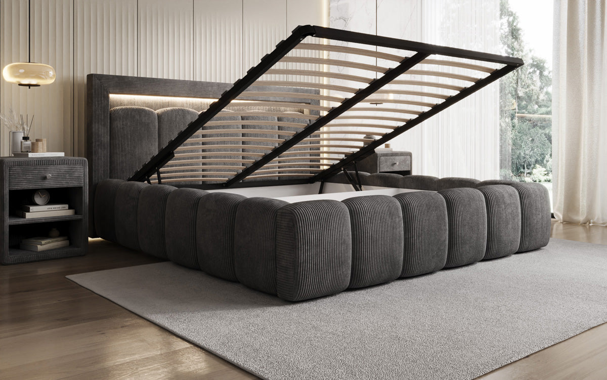 Designer gestoffeerd bed Lume in Ribstof met opbergruimte en RGB-verlichting