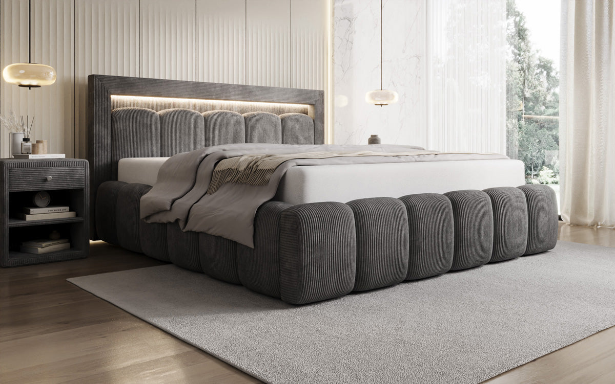 Designer gestoffeerd bed Lume in Ribstof met opbergruimte en RGB-verlichting