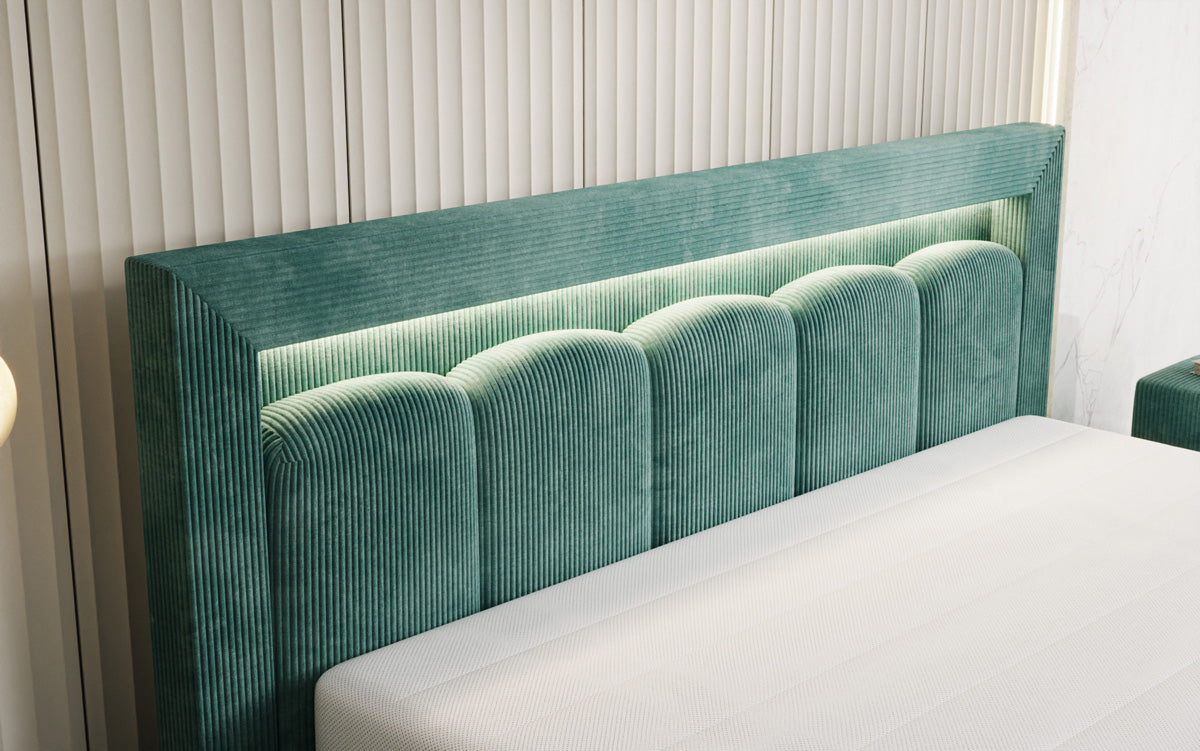 Designer gestoffeerd bed Lume in Ribstof met opbergruimte en RGB-verlichting
