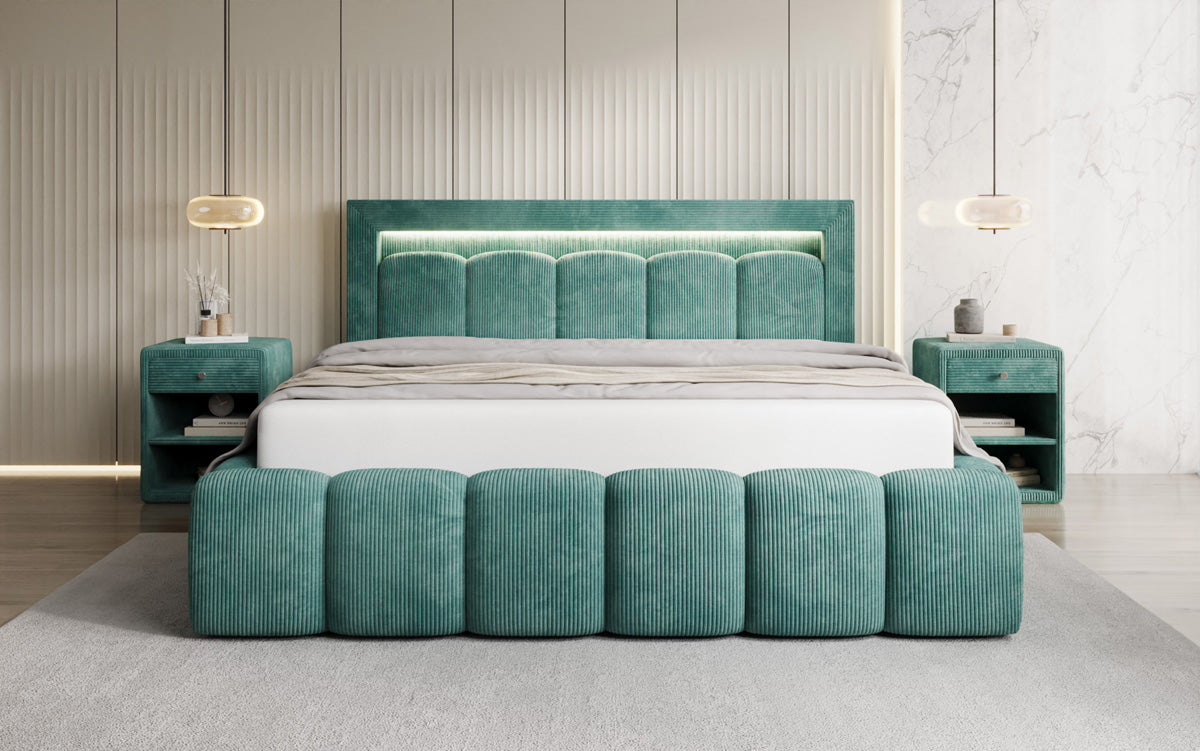 Designer gestoffeerd bed Lume in Ribstof met opbergruimte en RGB-verlichting