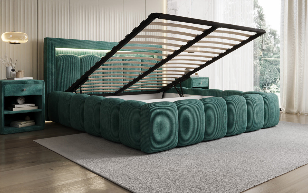 Designer gestoffeerd bed Lume in Ribstof met opbergruimte en RGB-verlichting