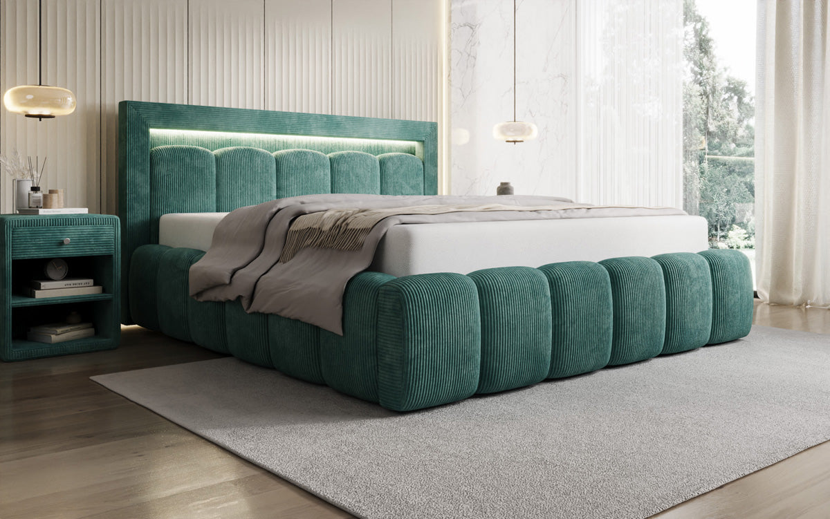 Designer gestoffeerd bed Lume in Ribstof met opbergruimte en RGB-verlichting