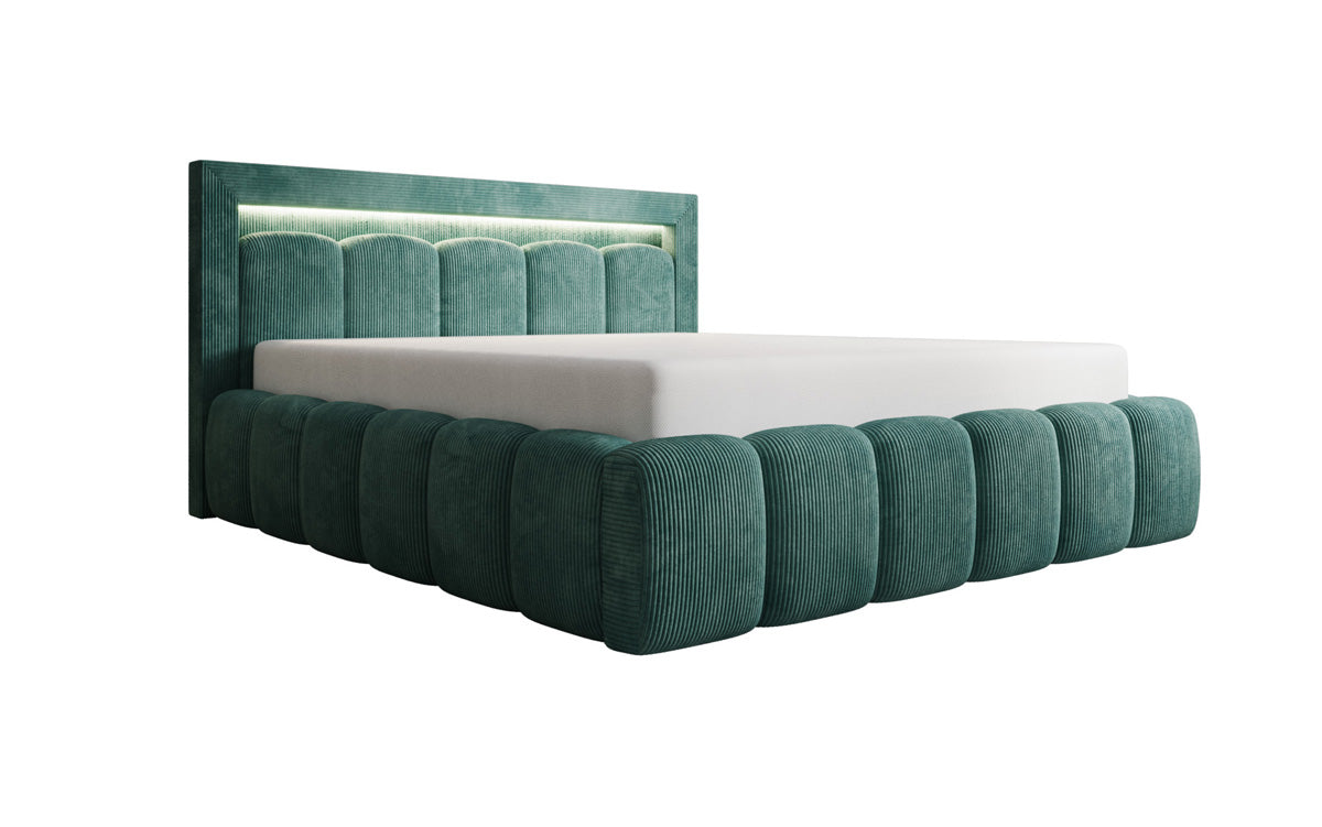 Designer gestoffeerd bed Lume in Ribstof met opbergruimte en RGB-verlichting