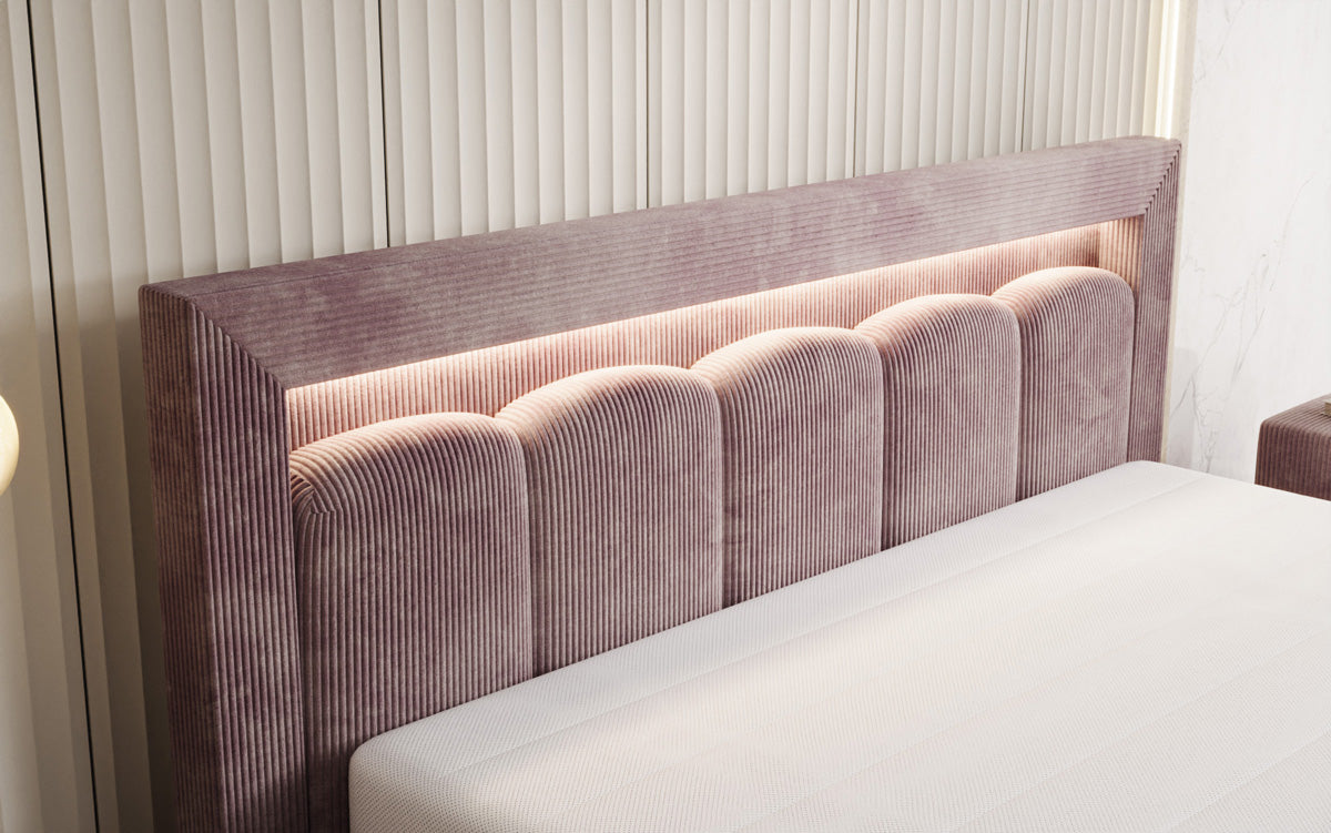Designer gestoffeerd bed Lume in Ribstof met opbergruimte en RGB-verlichting