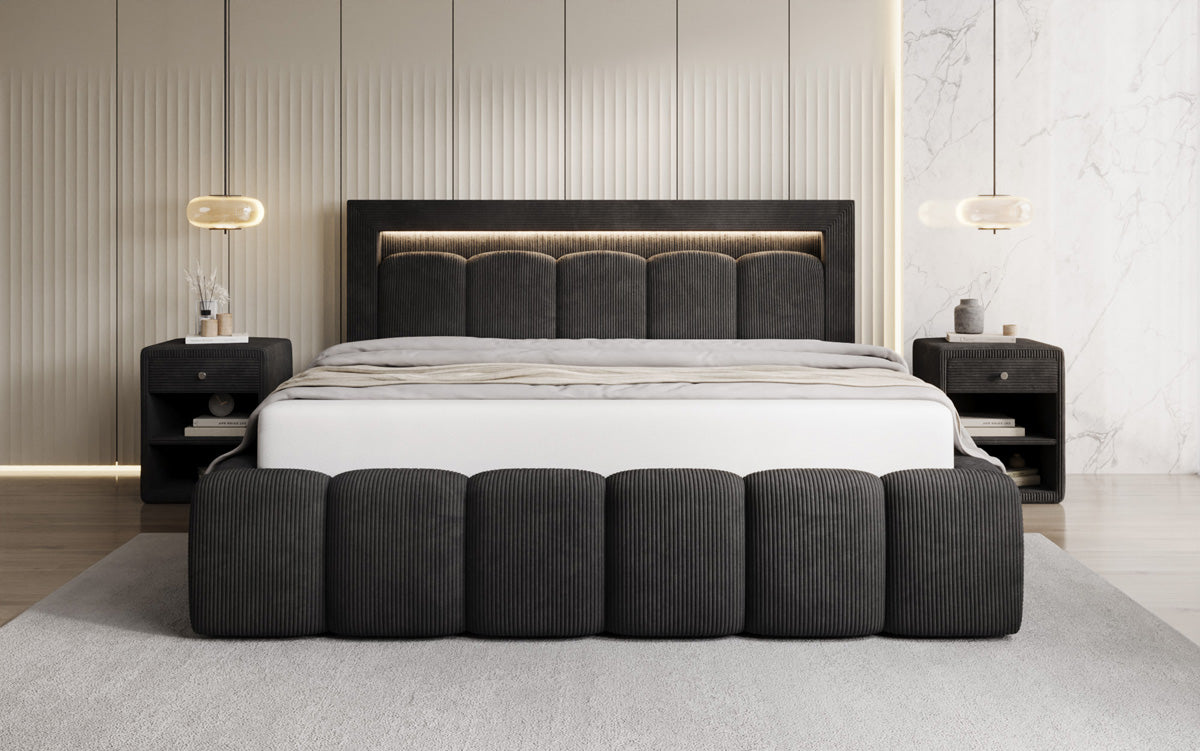 Designer gestoffeerd bed Lume in Ribstof met opbergruimte en RGB-verlichting