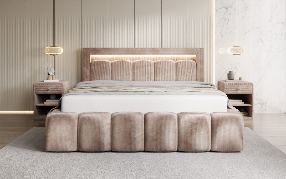 Designer gestoffeerd bed Lume in Ribstof met opbergruimte en RGB-verlichting