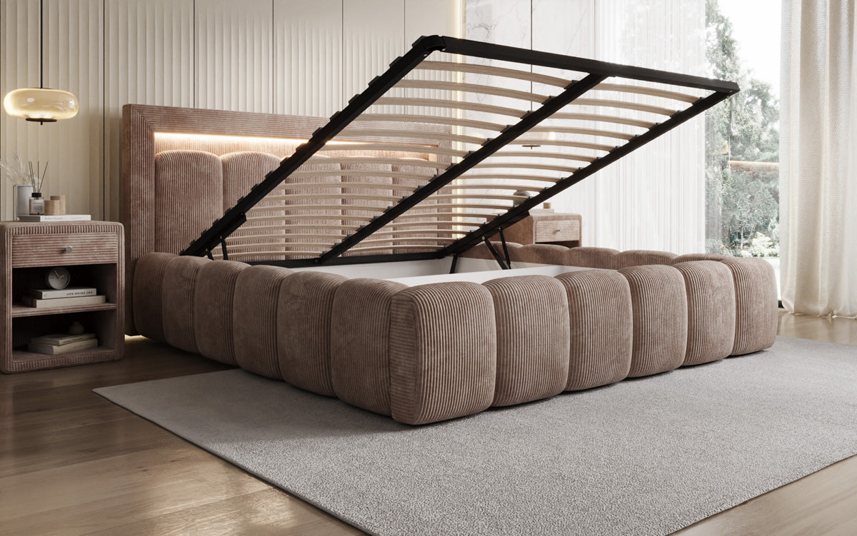 Designer gestoffeerd bed Lume in Ribstof met opbergruimte en RGB-verlichting