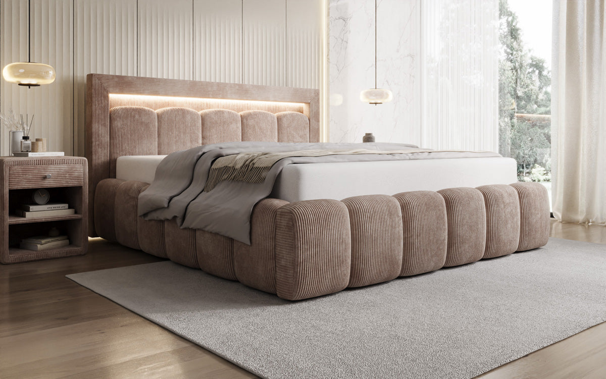 Designer gestoffeerd bed Lume in Ribstof met opbergruimte en RGB-verlichting