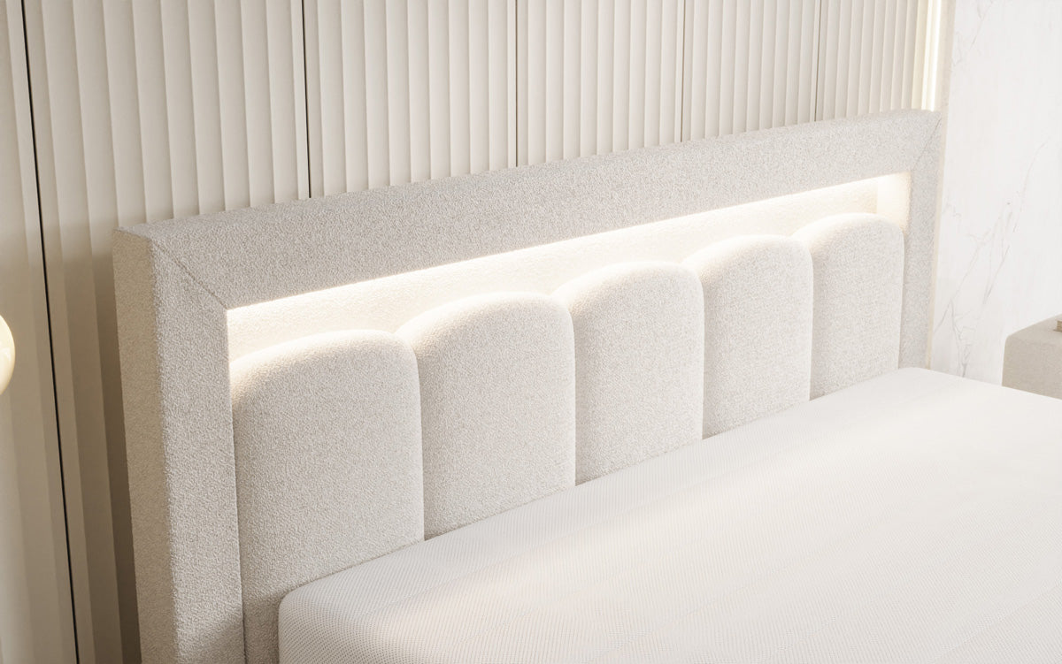 Designer gestoffeerd bed Lume in Teddystof Bouclé met opbergruimte en RGB-verlichting
