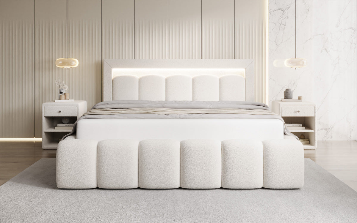 Designer gestoffeerd bed Lume in Teddystof Bouclé met opbergruimte en RGB-verlichting