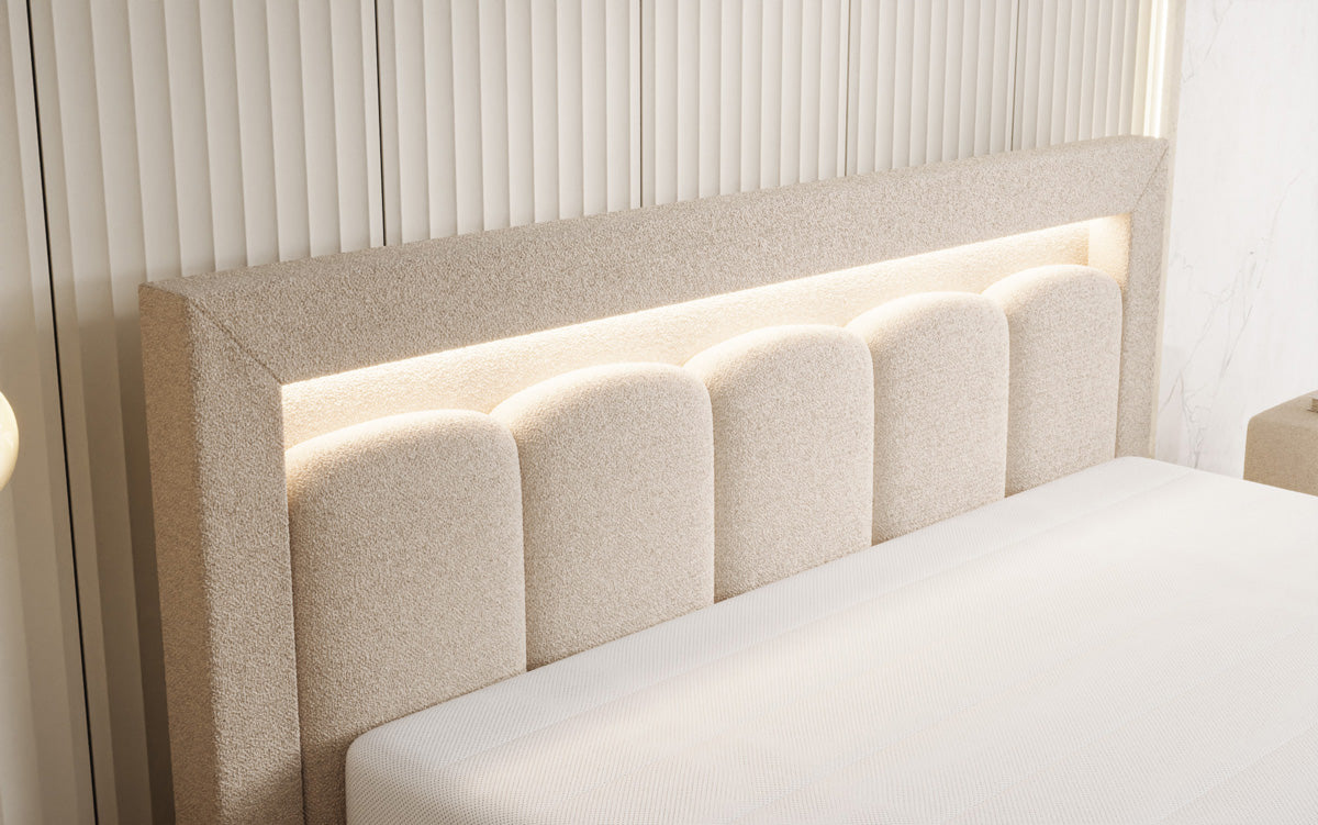 Designer gestoffeerd bed Lume in Teddystof Bouclé met opbergruimte en RGB-verlichting
