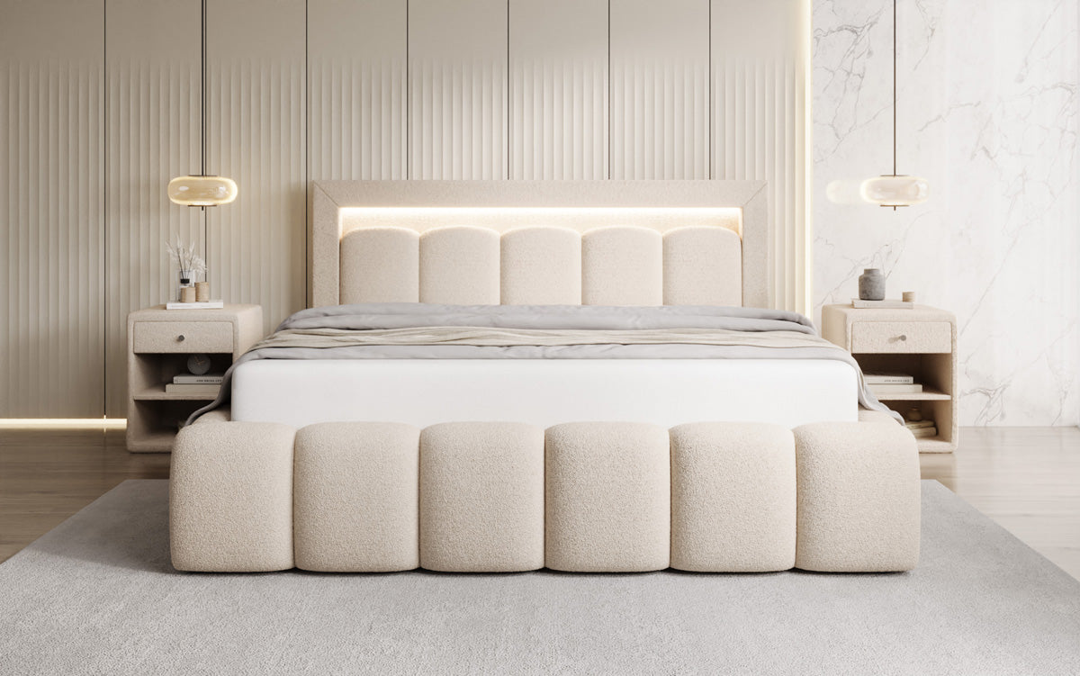 Designer gestoffeerd bed Lume in Teddystof Bouclé met opbergruimte en RGB-verlichting