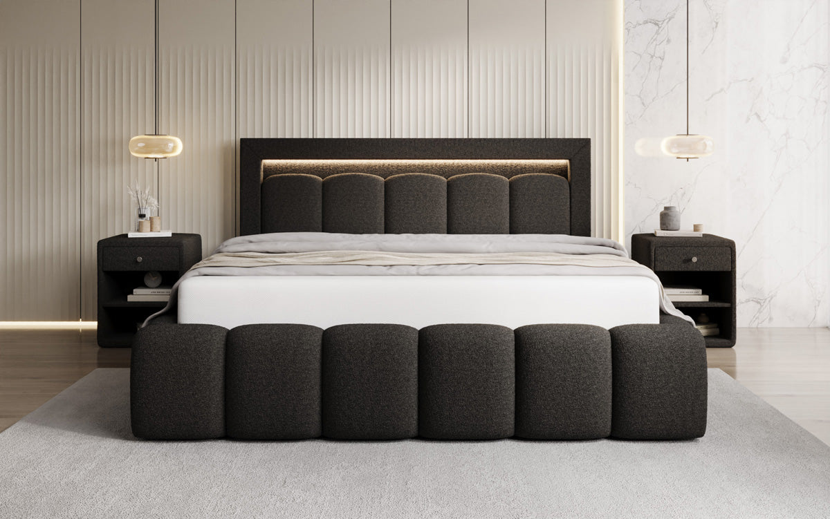 Designer gestoffeerd bed Lume in Teddystof Bouclé met opbergruimte en RGB-verlichting