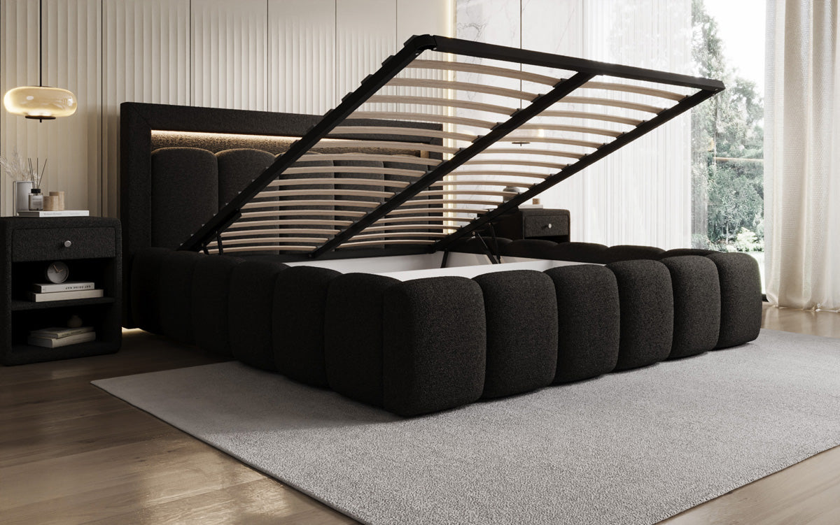 Designer gestoffeerd bed Lume in Teddystof Bouclé met opbergruimte en RGB-verlichting