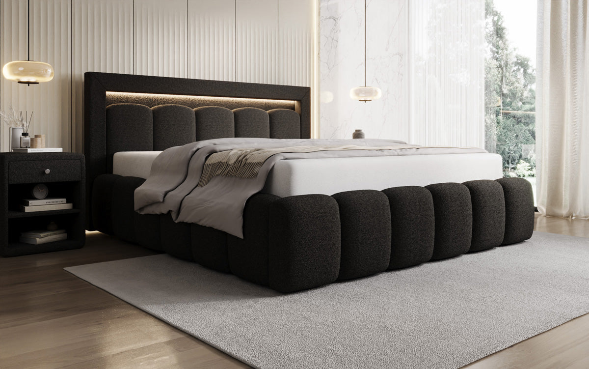 Designer gestoffeerd bed Lume in Teddystof Bouclé met opbergruimte en RGB-verlichting