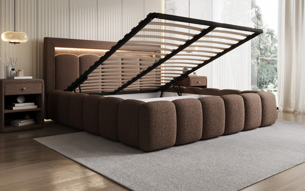 Designer gestoffeerd bed Lume in Teddystof Bouclé met opbergruimte en RGB-verlichting