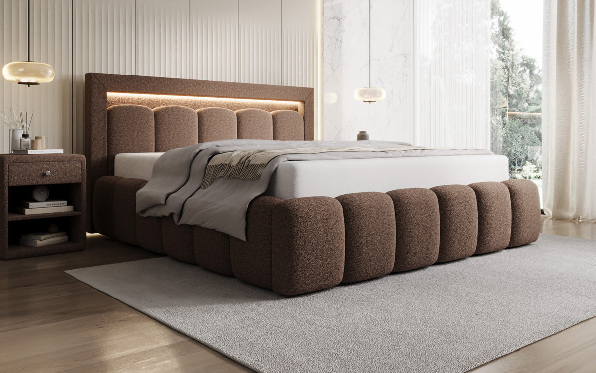 Designer gestoffeerd bed Lume in Teddystof Bouclé met opbergruimte en RGB-verlichting