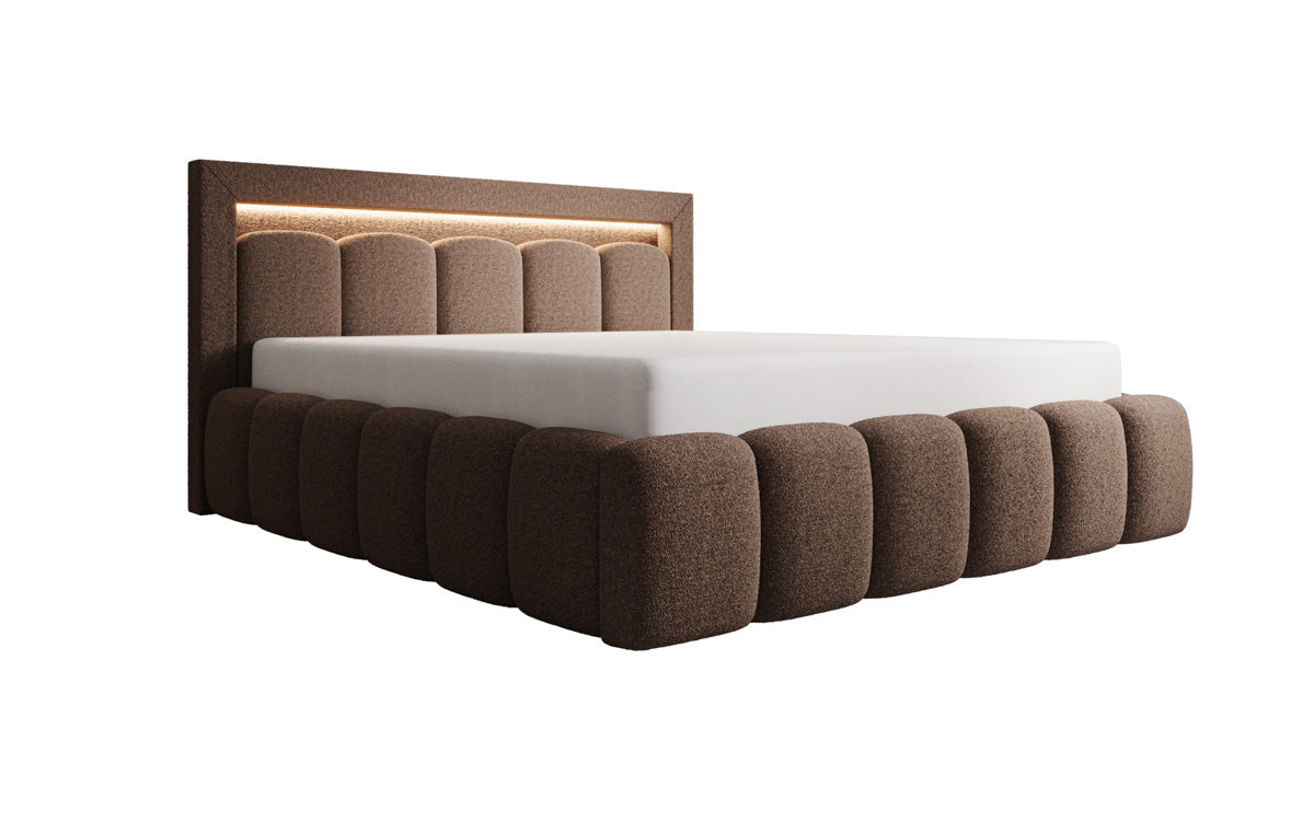 Designer gestoffeerd bed Lume in Teddystof Bouclé met opbergruimte en RGB-verlichting