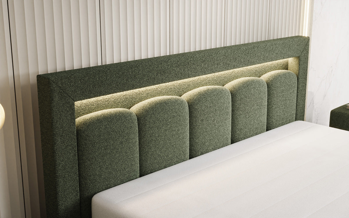 Designer gestoffeerd bed Lume in Teddystof Bouclé met opbergruimte en RGB-verlichting