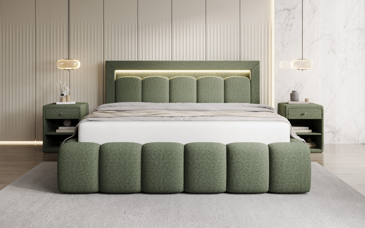 Designer gestoffeerd bed Lume in Teddystof Bouclé met opbergruimte en RGB-verlichting