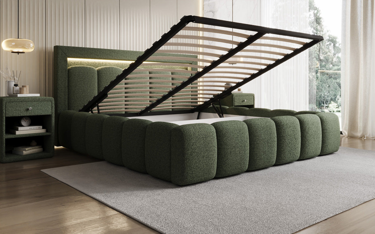 Designer gestoffeerd bed Lume in Teddystof Bouclé met opbergruimte en RGB-verlichting