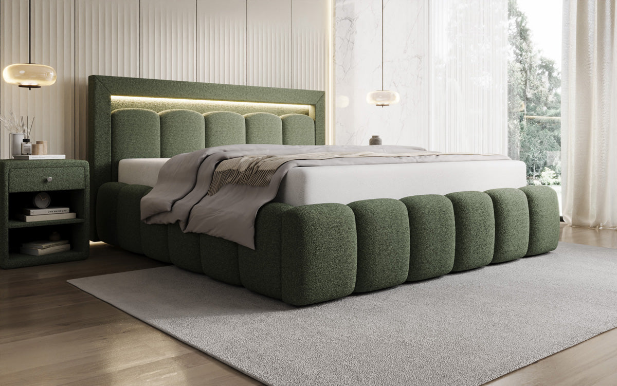 Designer gestoffeerd bed Lume in Teddystof Bouclé met opbergruimte en RGB-verlichting