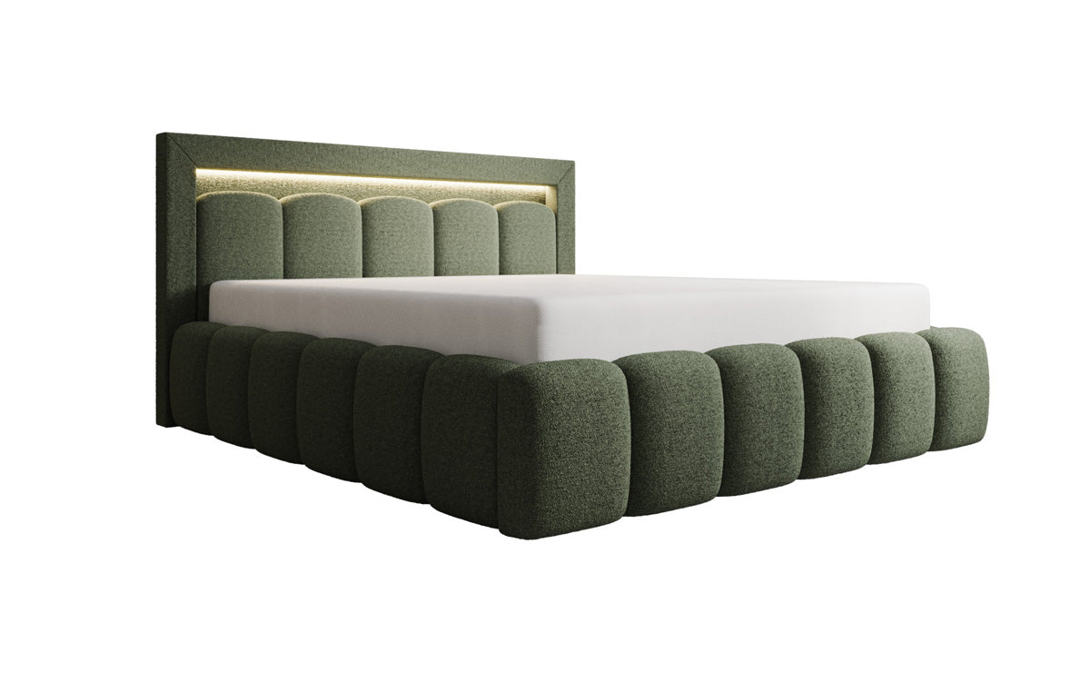 Designer gestoffeerd bed Lume in Teddystof Bouclé met opbergruimte en RGB-verlichting