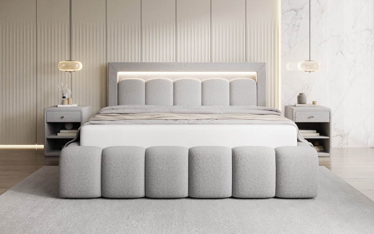 Designer gestoffeerd bed Lume in Teddystof Bouclé met opbergruimte en RGB-verlichting