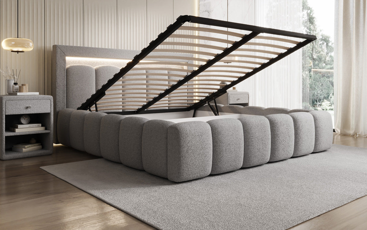 Designer gestoffeerd bed Lume in Teddystof Bouclé met opbergruimte en RGB-verlichting