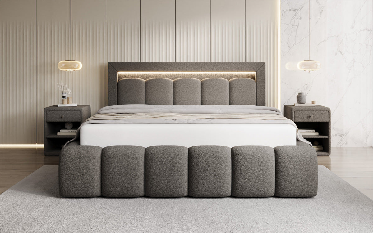 Designer gestoffeerd bed Lume in Teddystof Bouclé met opbergruimte en RGB-verlichting