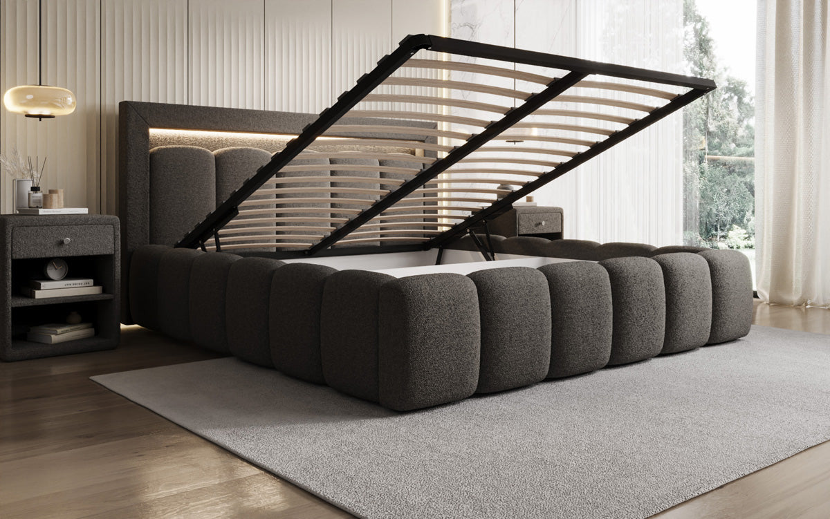 Designer gestoffeerd bed Lume in Teddystof Bouclé met opbergruimte en RGB-verlichting