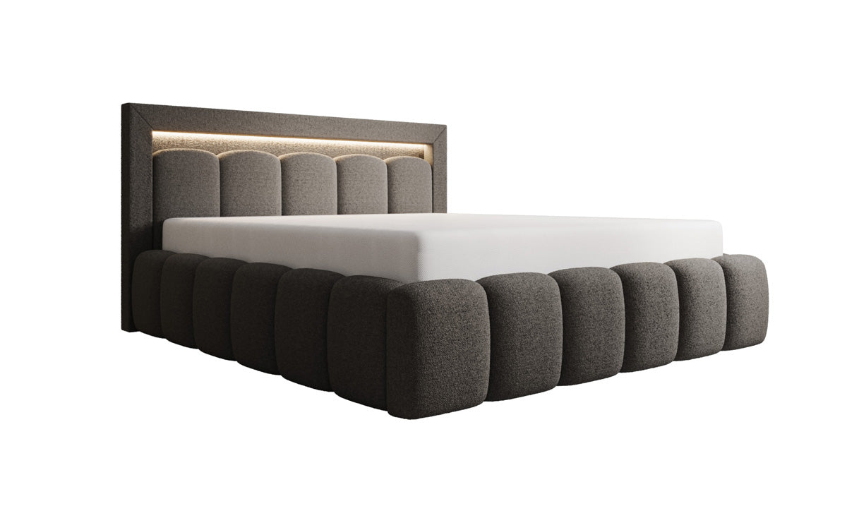Designer gestoffeerd bed Lume in Teddystof Bouclé met opbergruimte en RGB-verlichting