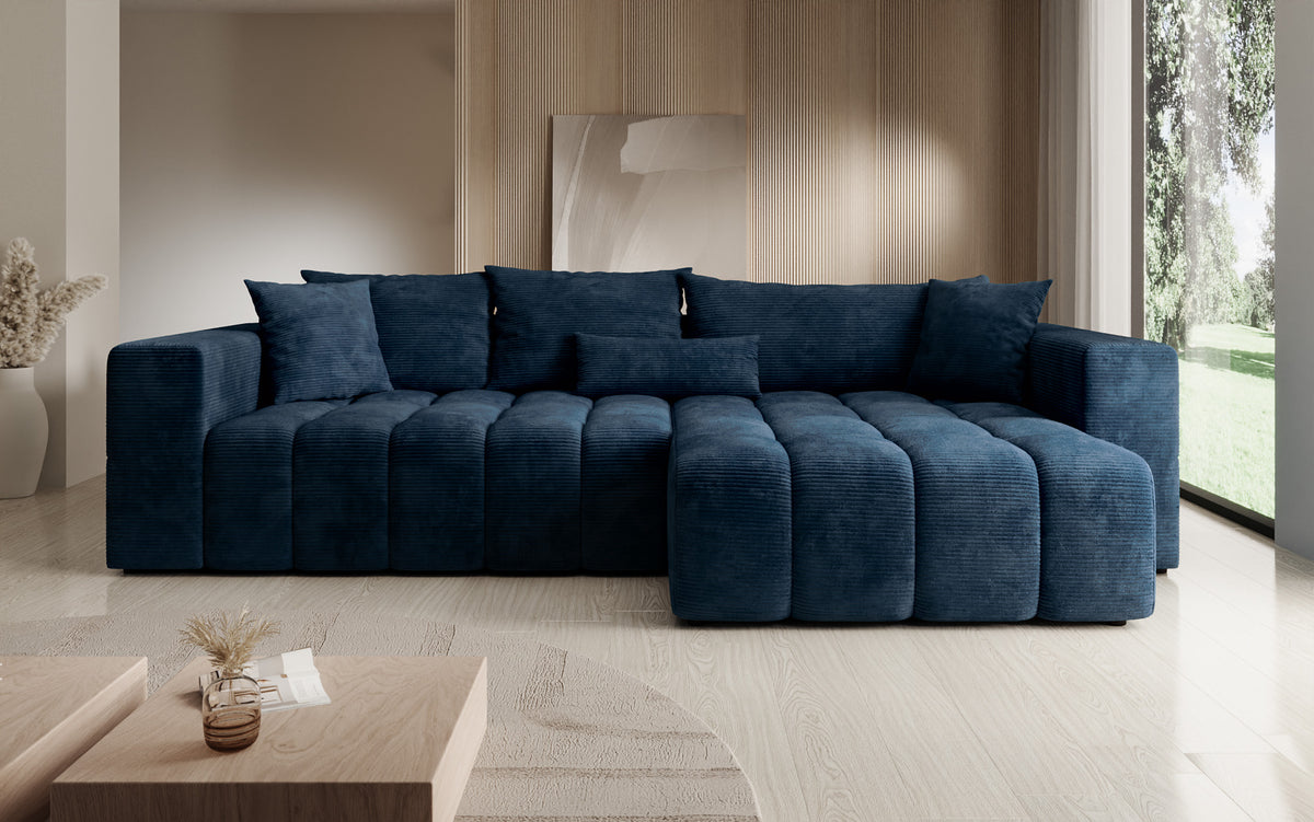 Designer hoekbank Momo met slaap- en klapfunctie in Ribstof