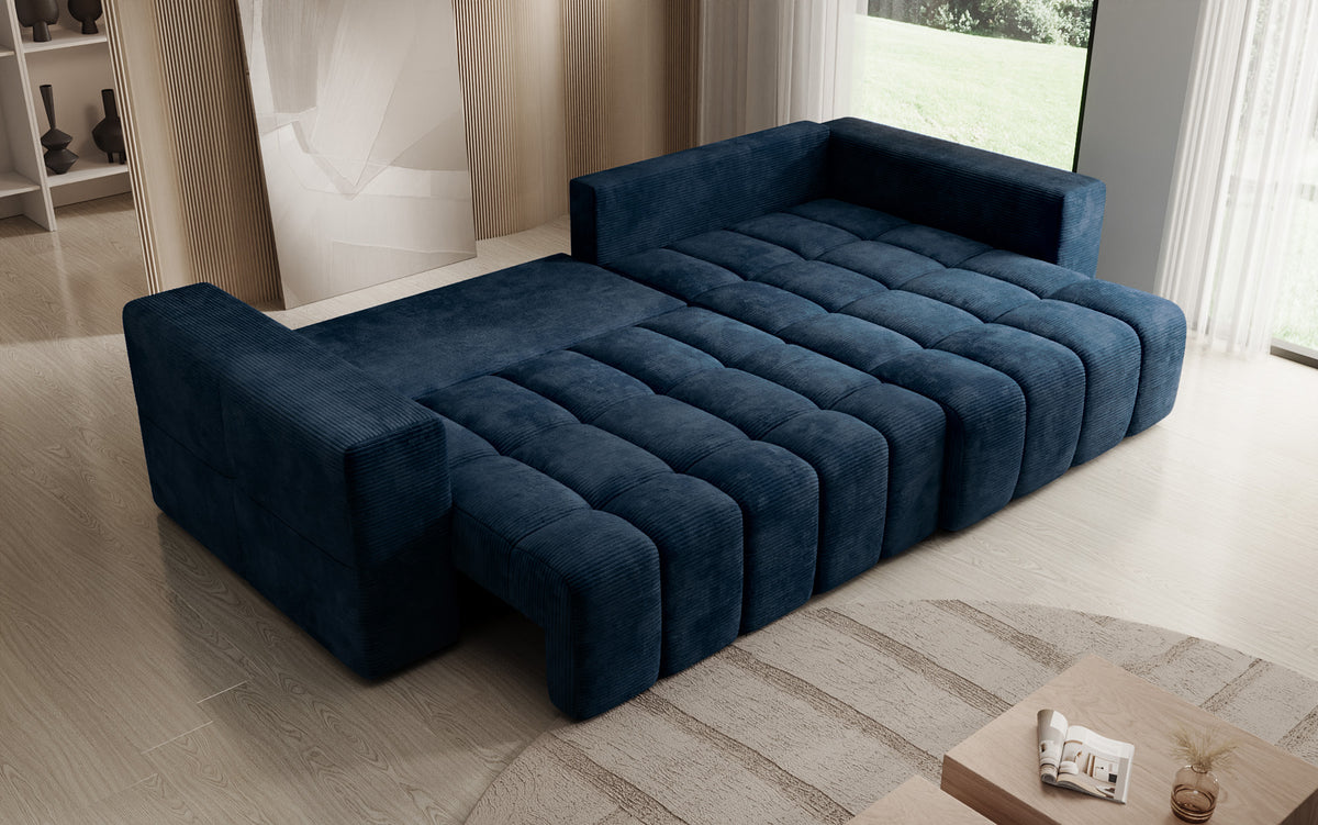 Designer hoekbank Momo met slaap- en klapfunctie in Ribstof