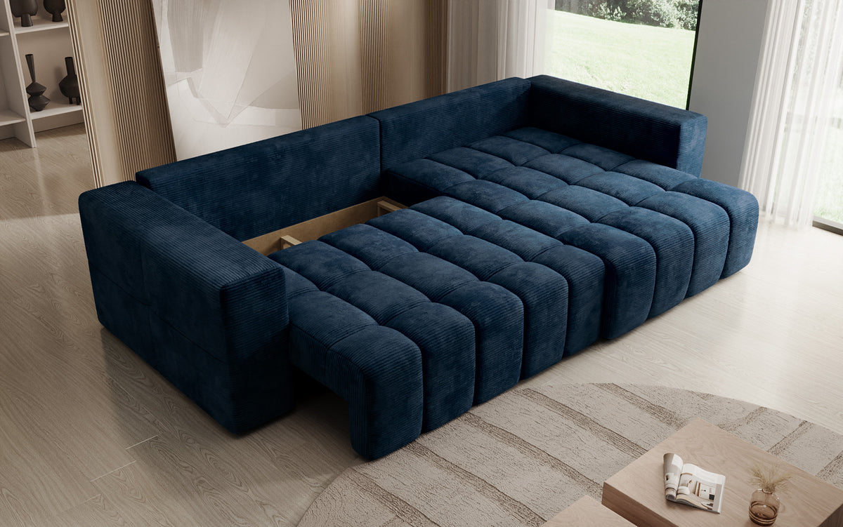 Designer hoekbank Momo met slaap- en klapfunctie in Ribstof