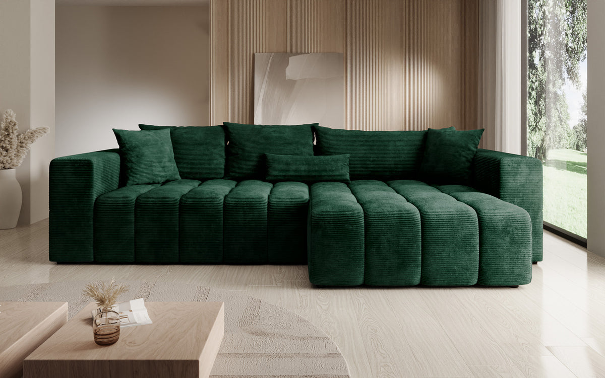 Designer hoekbank Momo met slaap- en klapfunctie in Ribstof