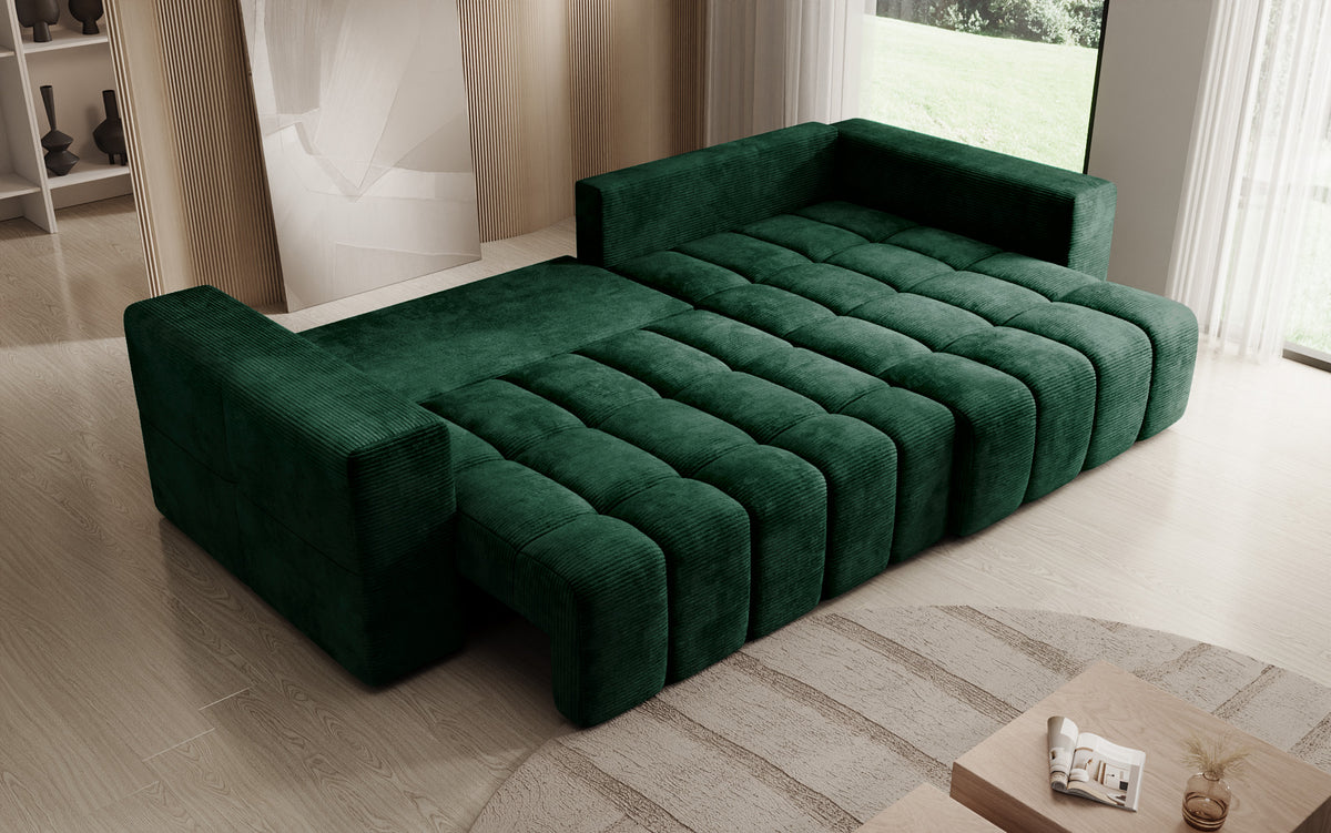 Designer hoekbank Momo met slaap- en klapfunctie in Ribstof