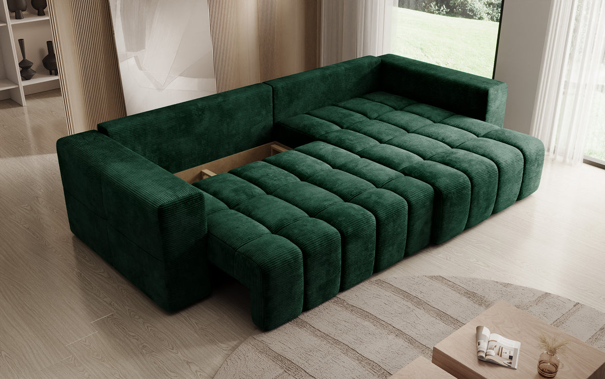 Designer hoekbank Momo met slaap- en klapfunctie in Ribstof