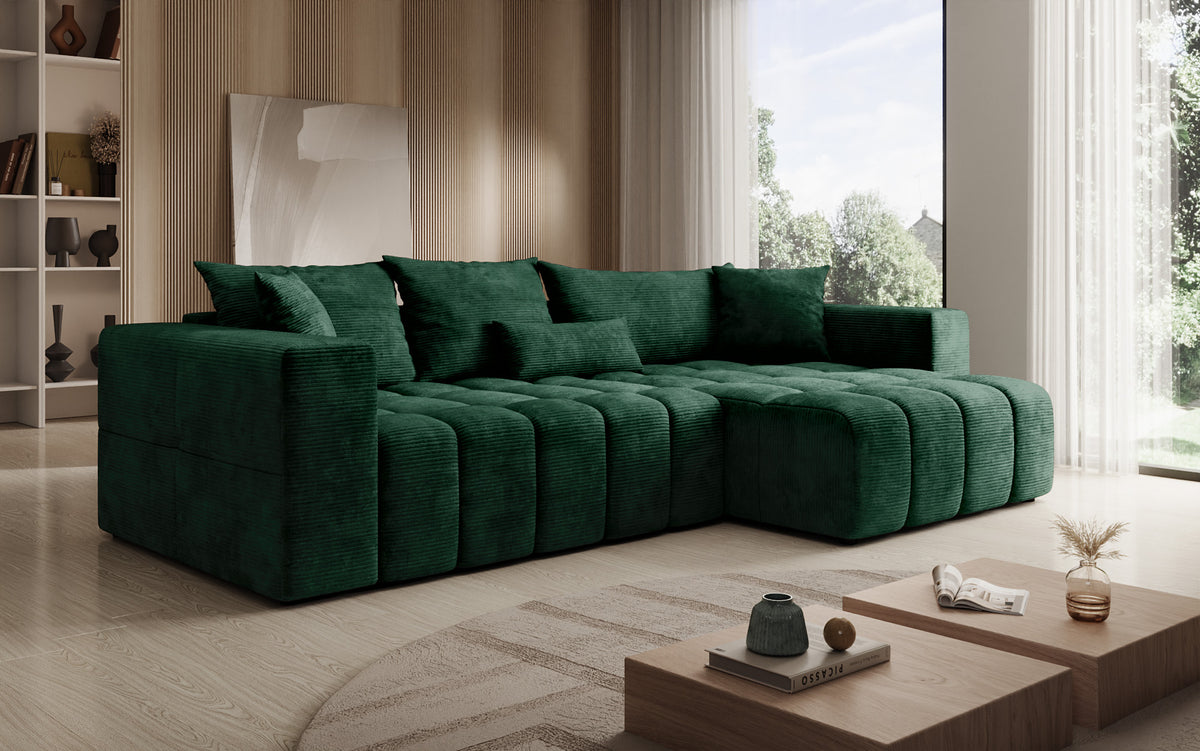 Designer hoekbank Momo met slaap- en klapfunctie in Ribstof