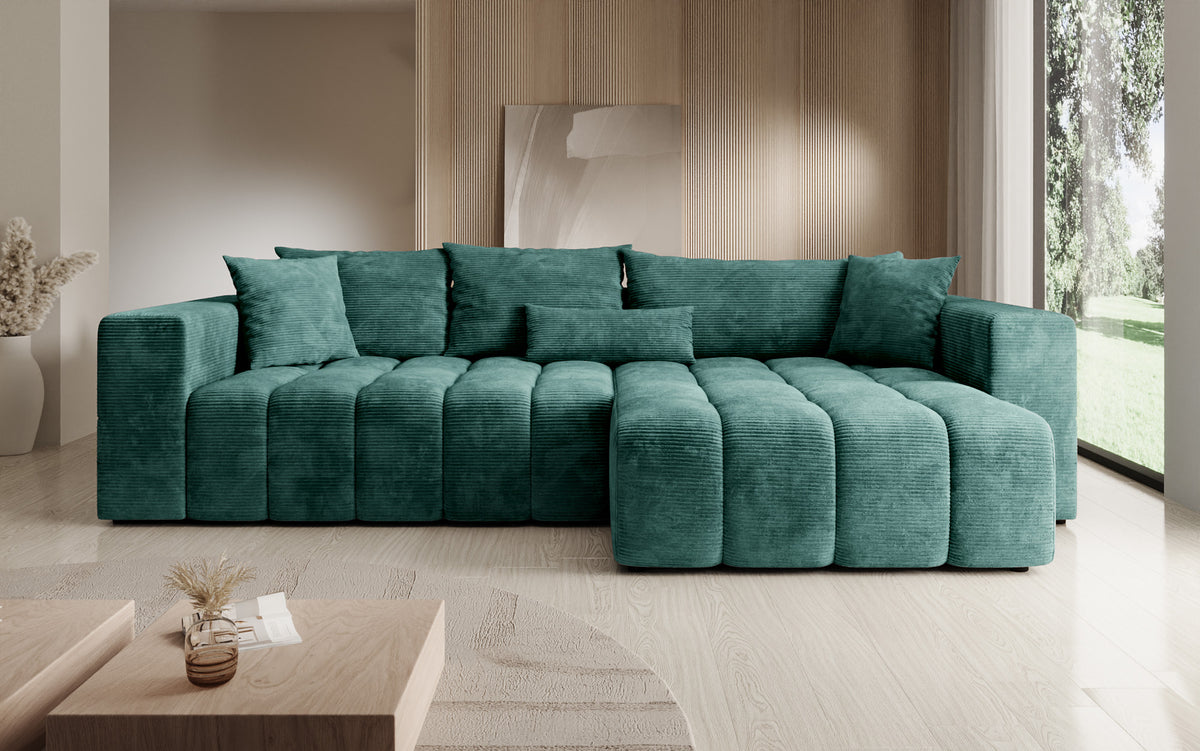 Designer hoekbank Momo met slaap- en klapfunctie in Ribstof