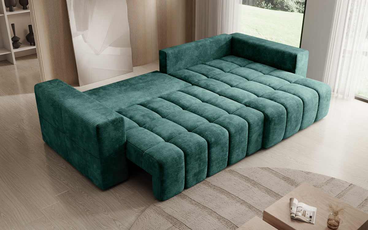 Designer hoekbank Momo met slaap- en klapfunctie in Ribstof
