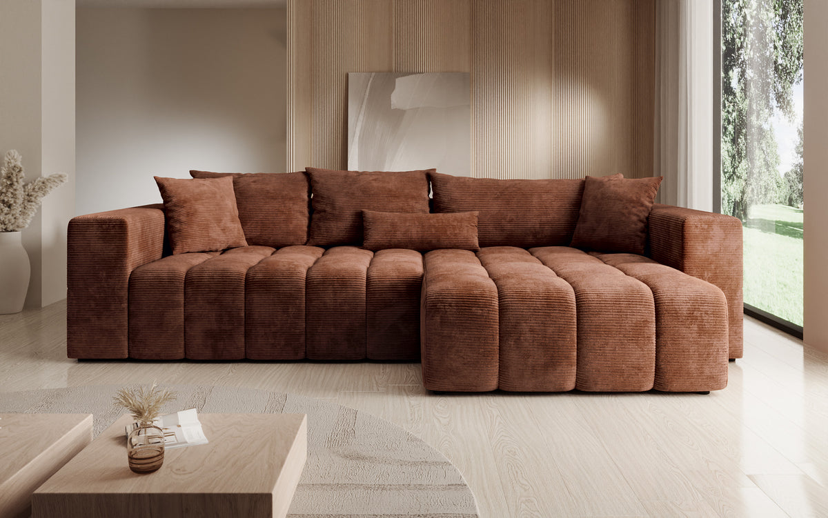 Designer hoekbank Momo met slaap- en klapfunctie in Ribstof
