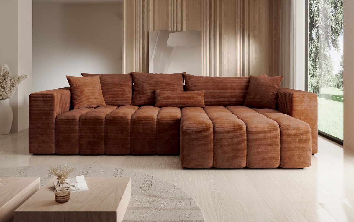 Designer hoekbank Momo met slaap- en klapfunctie in Ribstof