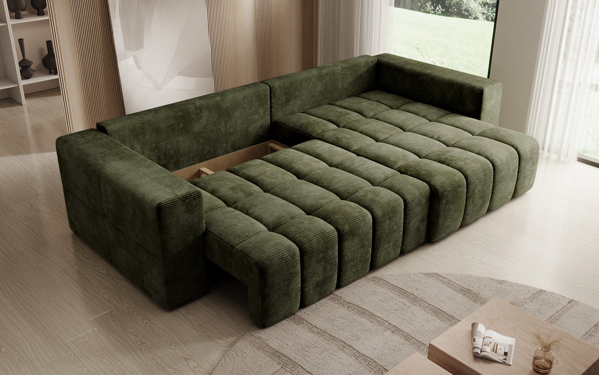 Designer hoekbank Momo met slaap- en klapfunctie in Ribstof