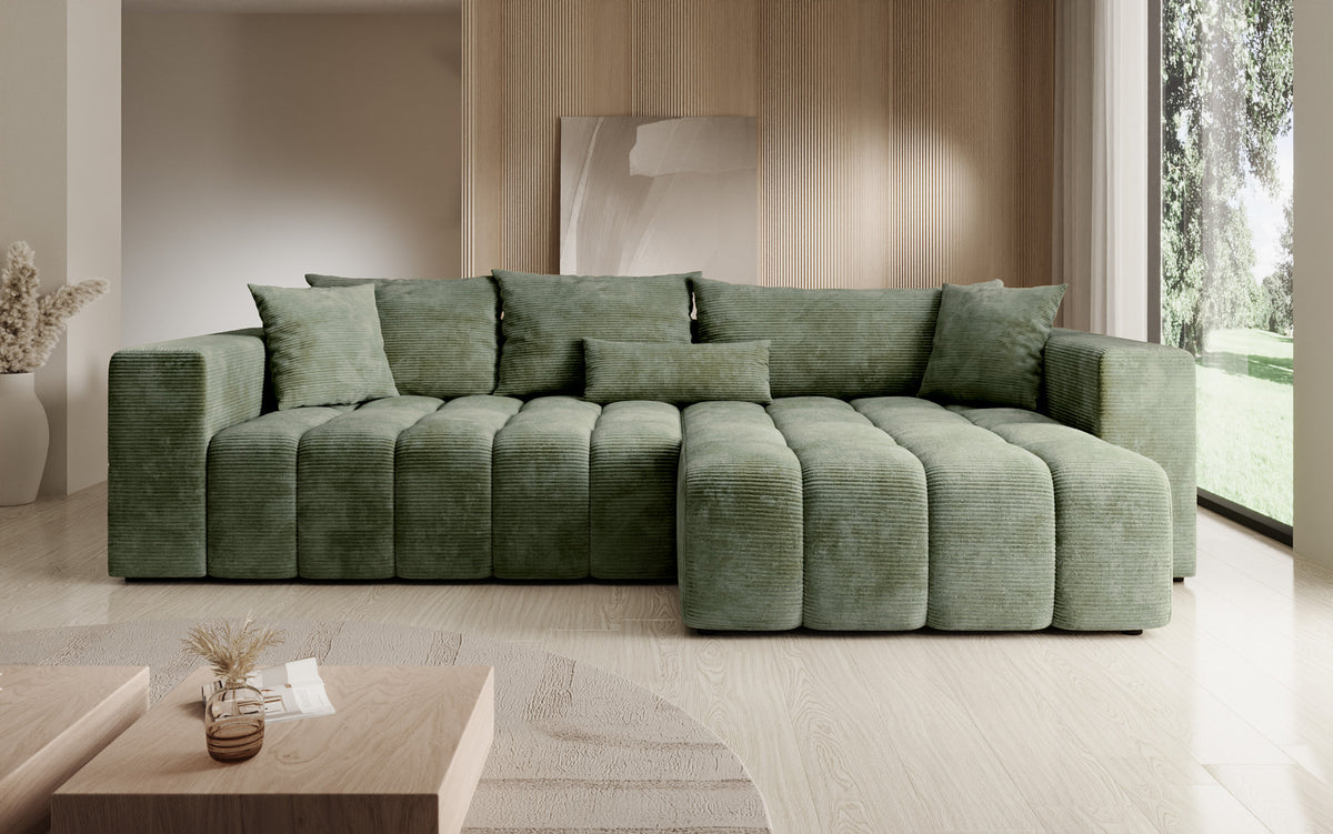 Designer hoekbank Momo met slaap- en klapfunctie in Ribstof
