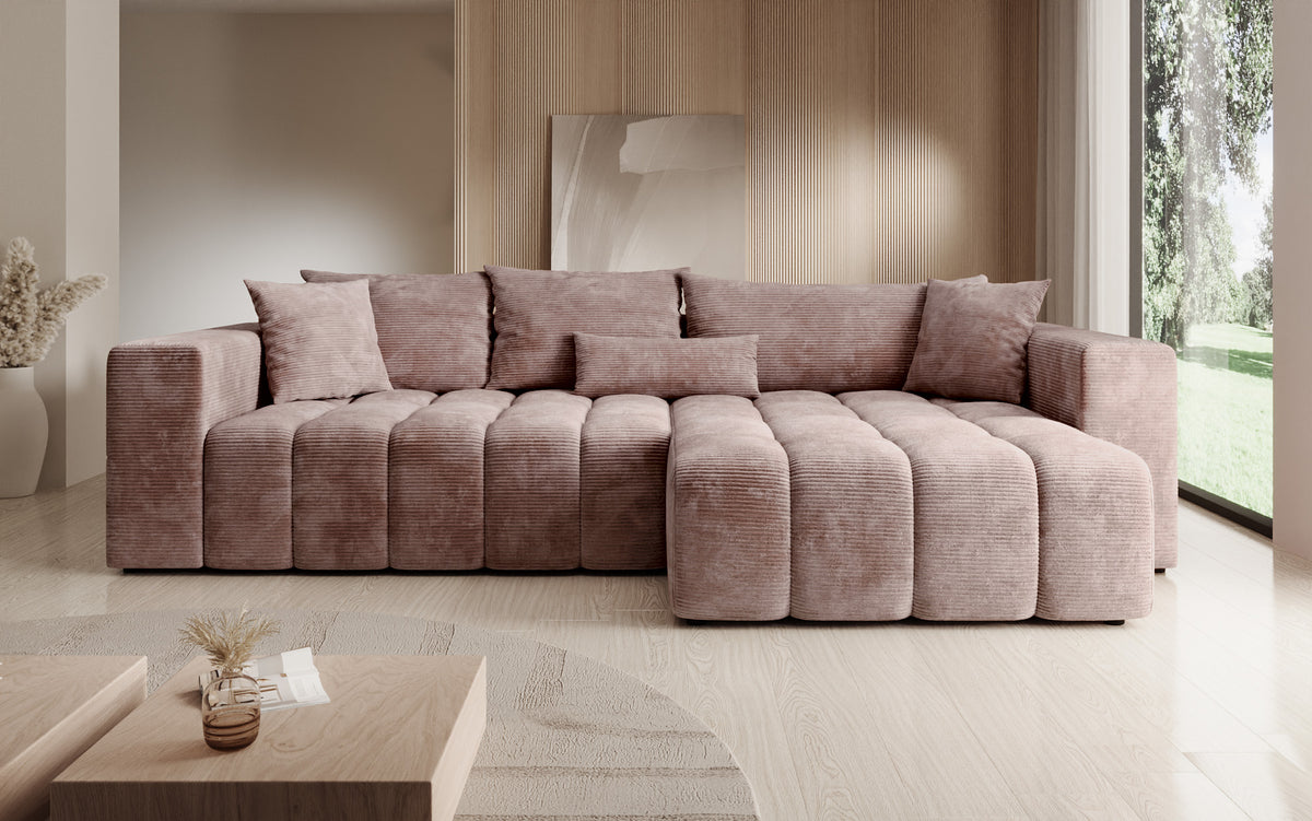 Designer hoekbank Momo met slaap- en klapfunctie in Ribstof