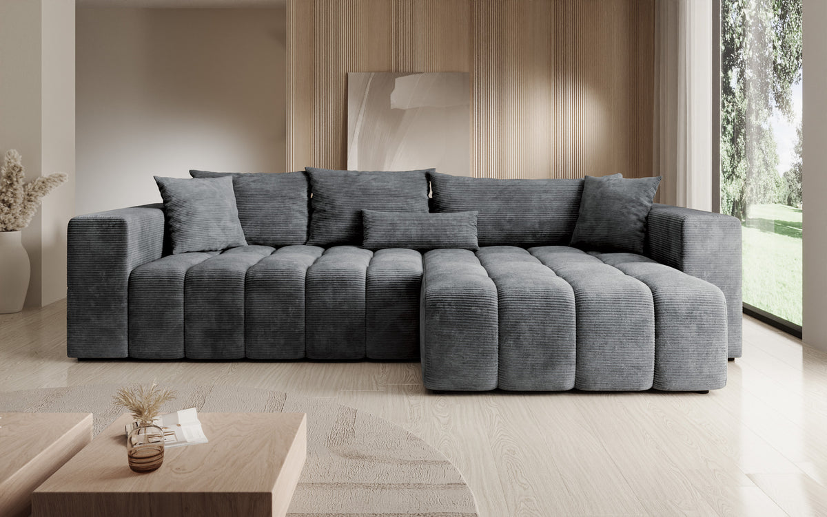 Designer hoekbank Momo met slaap- en klapfunctie in Ribstof