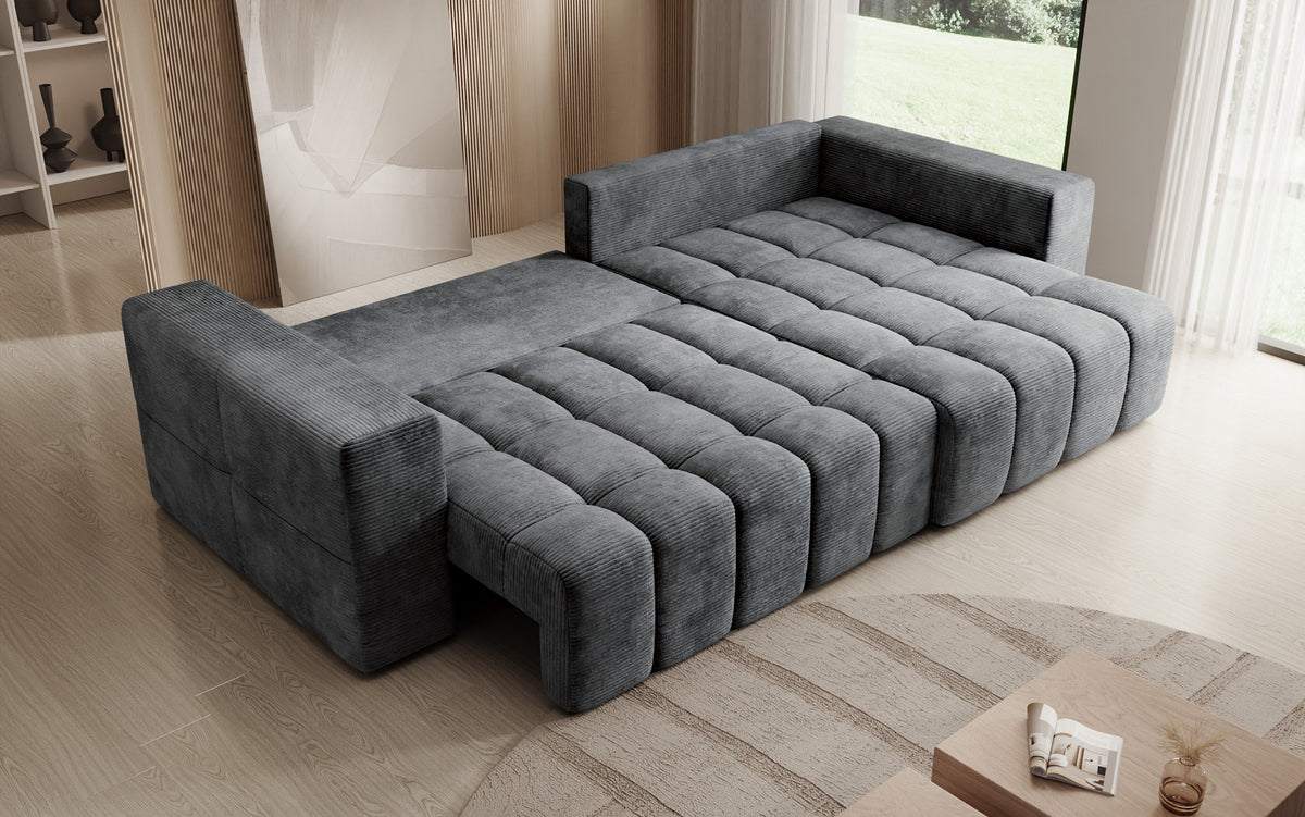 Designer hoekbank Momo met slaap- en klapfunctie in Ribstof