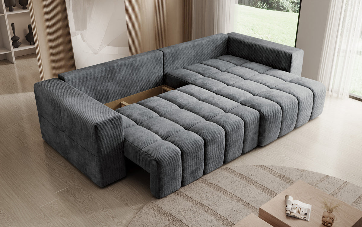 Designer hoekbank Momo met slaap- en klapfunctie in Ribstof