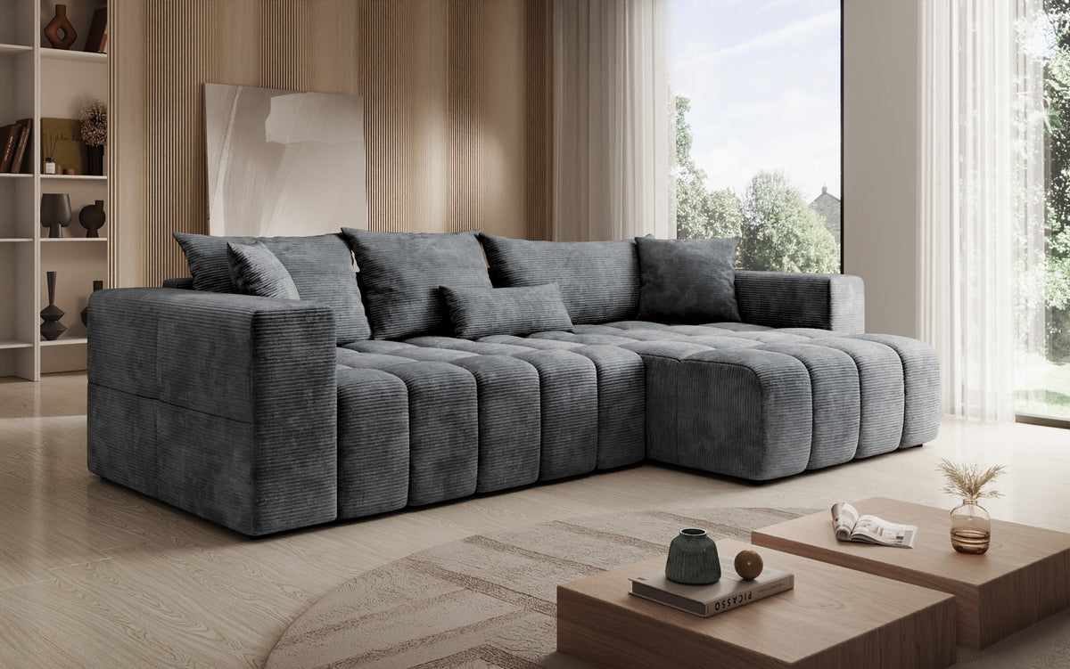 Designer hoekbank Momo met slaap- en klapfunctie in Ribstof